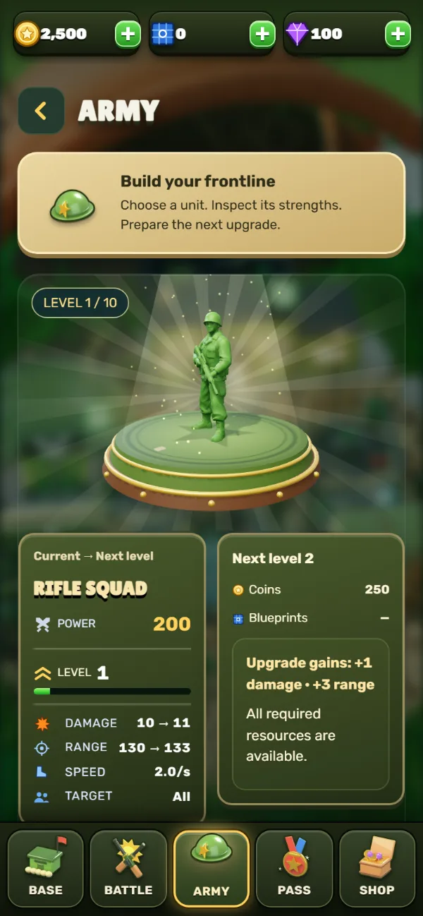 Army screen showing the Rifle Squad and its upgrade stats.