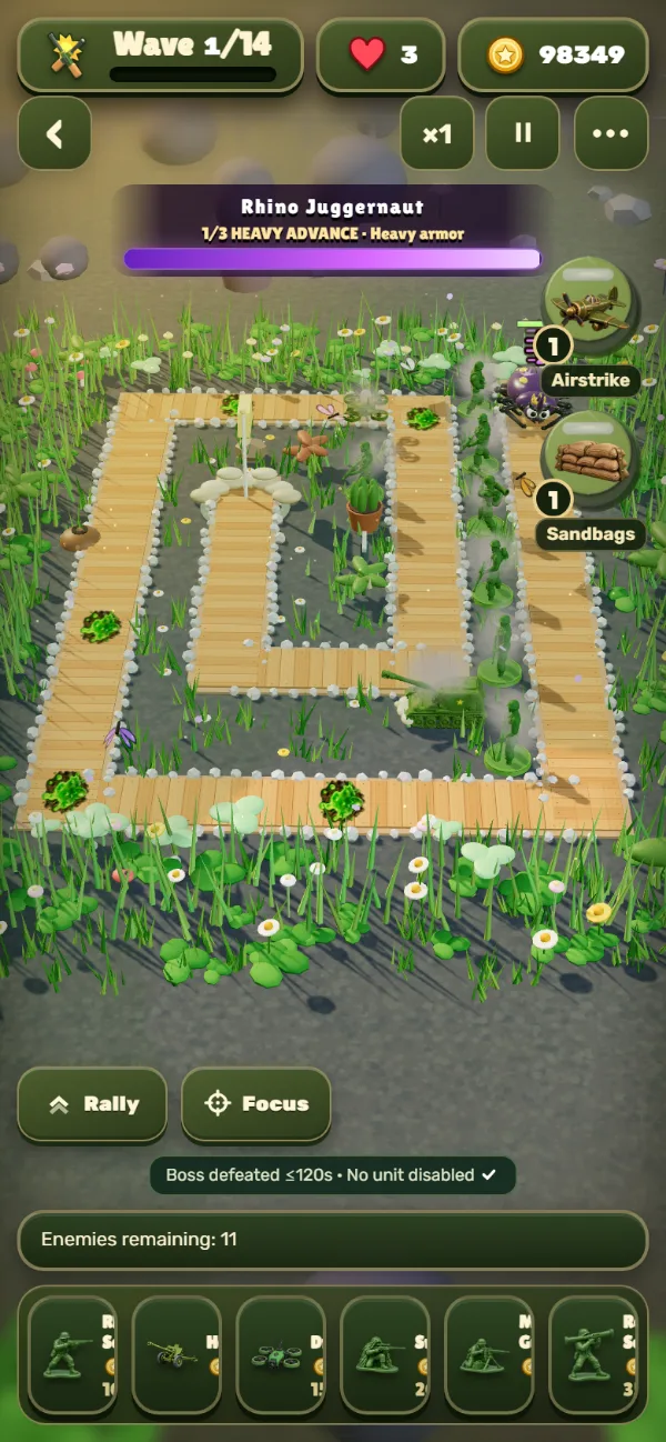 Battle against the Rhino Juggernaut boss with soldiers and a tank on a wooden path.